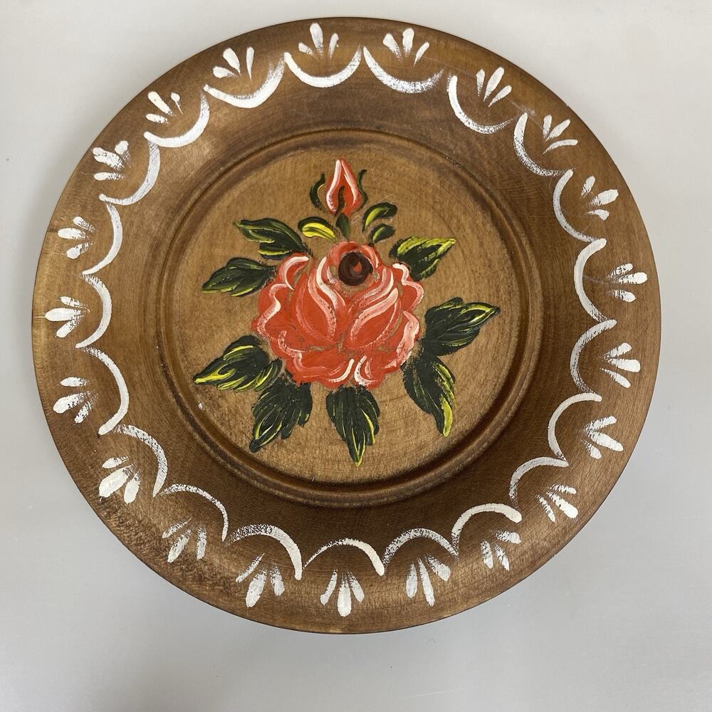 Vintage Flower Wood Plate Wall Hanging Hand Painted 5.5” Decorative Signed